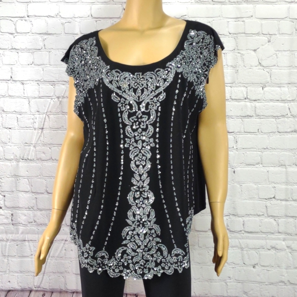 Dressbarn Collection Size 18 black & Sparkly silver short sleeved Blouse